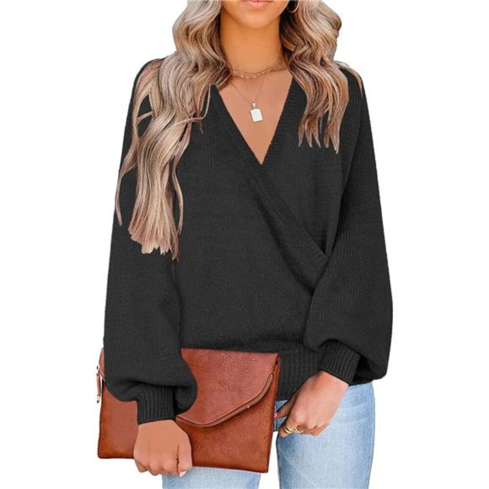 Women's Knit Long Sleeve Faux Wrap Surplice V Neck Sweater Top
